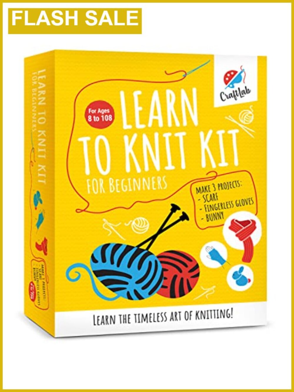 Beginner Knitting Kit with Wool Yarn & Needles: Learn to Knit Scarf Gloves